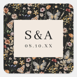 Autocollant carré de mariage floral boho noir
