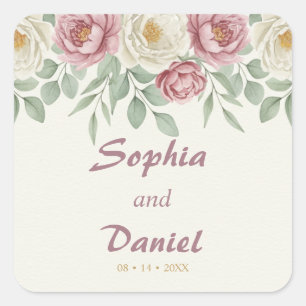 Autocollant carré de mariage floral Pivoine Rose p