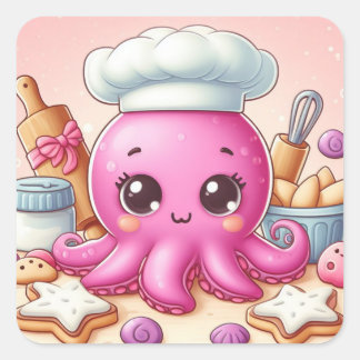 Autocollant carré de pieuvre de cuisson mignon