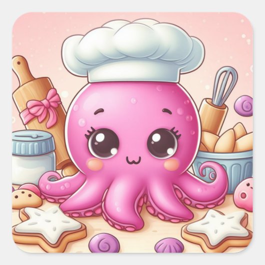 Autocollant carré de pieuvre de cuisson mignon (Devant)