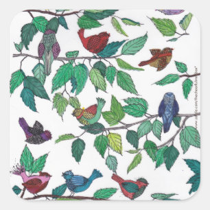 Autocollant Carré Feuille et oiseaux