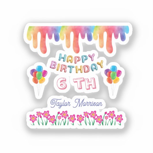 Autocollant carré Fleurs Arc-en-ciel Joyeux Annive (Recto)