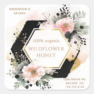 autocollant carré floral or miel bocal