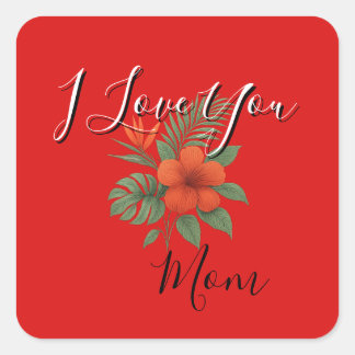 Autocollant carré floral orange - Je t'aime maman