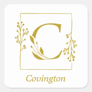 Autocollant carré lettre C botanique or moderne