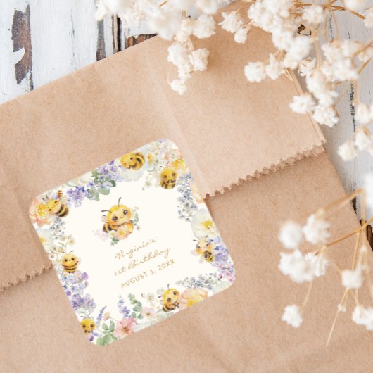 Autocollant carré pour l'anniversaire d'une abeill