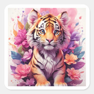 Autocollant carré tigre floral rose