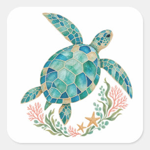 Autocollant carré Tortue et Mosaïque de Verre de M