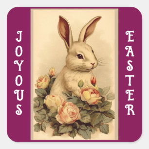 Autocollant carré vintage lapin aux roses