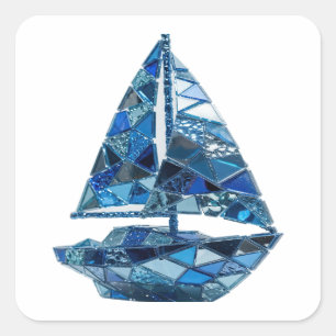 Autocollant carré voilier en verre bleu argenté ex