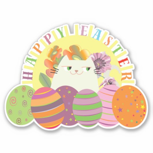 Autocollant Chat de Pâques Joyeuses Œufs Mignons F (Devant)