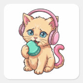 Autocollant Chat Mignon Casque Rose Mangeant Macar (Devant)