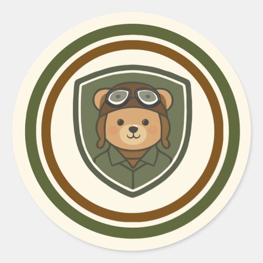 Autocollant Classique Rond Militaire Aviator Bear (Devant)