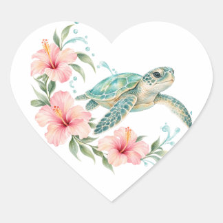 Autocollant Cœur Tortue de Mer & Hibiscus Rose
