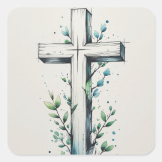 Autocollant Croix Chrétienne avec Branches à l'Aqu