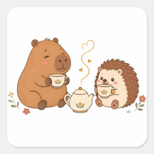 Autocollant d'amis de thé de capybara hérisson mig