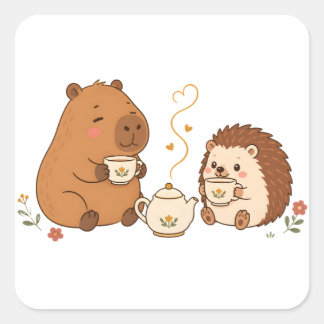 Autocollant d'amis de thé de capybara hérisson mig