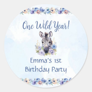 Autocollant d'anniversaire bleu floral zèbre