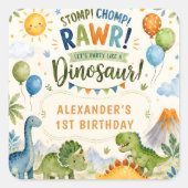Autocollant d'anniversaire de dinosaure mignon (Devant)