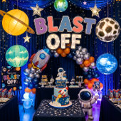 Autocollant d'anniversaire spatial Blast Off pour 