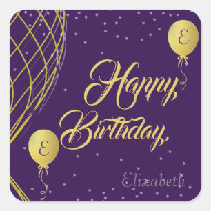 Autocollant d'anniversaire violet et or heureux