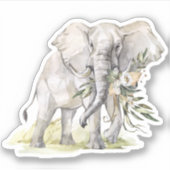 Autocollant d'aquarelle Eléphant & Fleurs blanches (Devant)