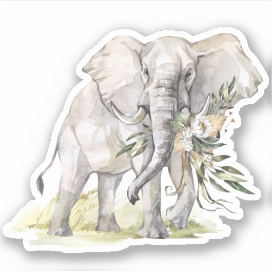 Autocollant d'aquarelle Eléphant & Fleurs blanches (Devant)
