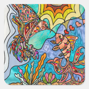 Autocollant d'art Colibri Poisson rouge réflexion