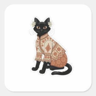 Autocollant d'art populaire de chat floral en terr