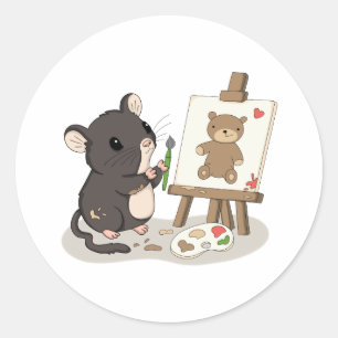 Autocollant d'artiste de souris mignonne peignant 
