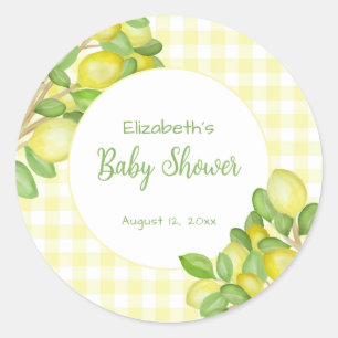 Autocollant de Baby Shower à carreaux jaune citron