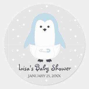 Autocollant de baby shower de pingouin de bleus