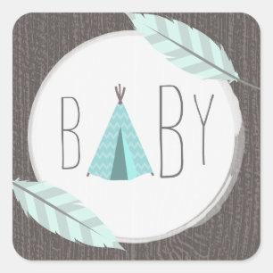 Autocollant de baby shower de Tipi de turquoise