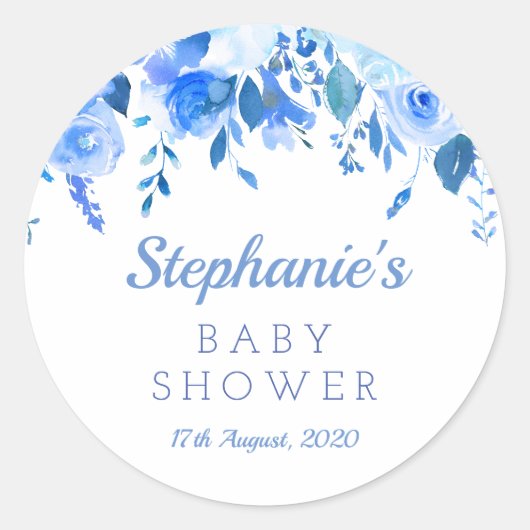 Autocollant de baby shower floral bleu, baptême bl (Devant)