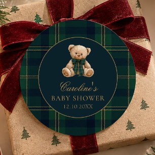 Autocollant de Baby Shower Ours en Peluche Tartan