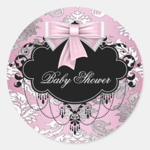Autocollant de Baby Shower Rose Noir Damassé