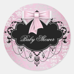 Autocollant de Baby Shower Rose Noir Damassé