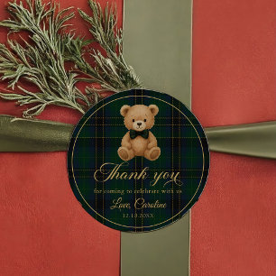 Autocollant de Baby Shower Teddy Bear Green Tartan
