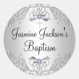 Autocollant de baptême bijou violet et argent scin