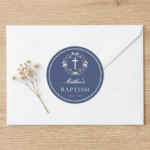 Autocollant de baptême croix florale bleu marine é