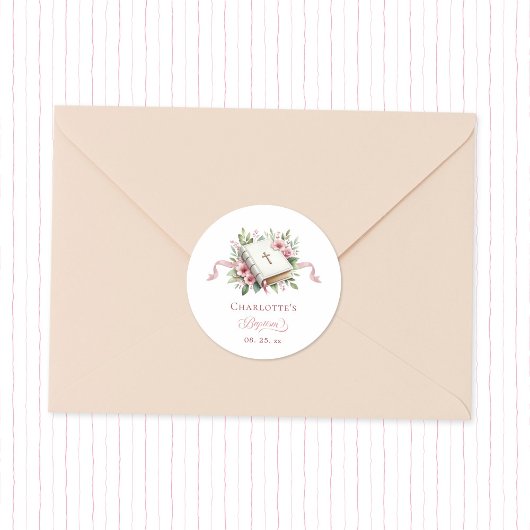 Autocollant de baptême de fleur rose moderne