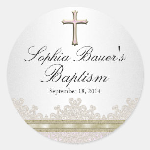 Autocollant de baptême joli dentelle & croix
