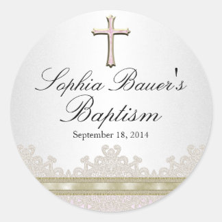 Autocollant de baptême joli dentelle & croix