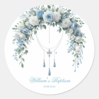 Autocollant de baptême Rose Bleue & Croix d'Argent