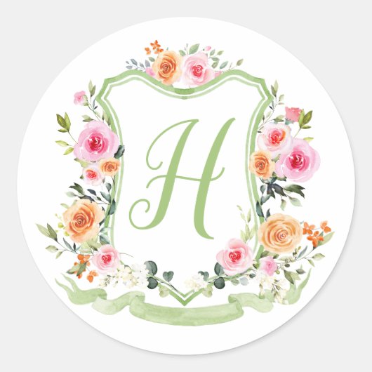 Autocollant de blason floral aquarelle Monogramme (Devant)