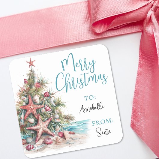 Autocollant de cadeau de Noël de plage tropicale