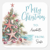 Autocollant de cadeau de Noël de plage tropicale (Devant)