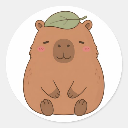 Autocollant de capybara mignon avec une feuille ve (Devant)