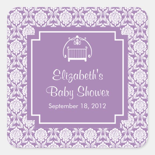 Autocollant de Carré de Baby shower pourpre Damask (Devant)