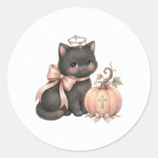 Autocollant de chat ange et citrouille d'automne d